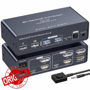 VEDINDUST HDMI Displayport KVM Switch 2 Monitors 2 Computers 8K60HZ Aluminium USB C KVM Switch Dual Monitor for 2 Computers Share 2 Monitors and 4 USB Ports With Desktop Controlle
