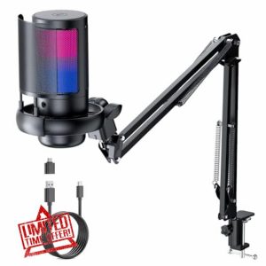 QIUOIO RGB Gaming Microphone with Boom Arm: USB Mic for PC - Streaming Microphone - Podcast Microphone Accessories - Mic for Computer - Suit for Youtube Titok