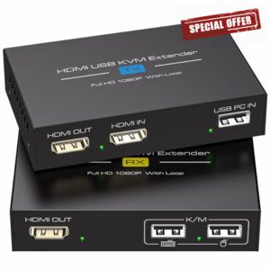 VEDINDUST 120M/400FT HDMI KVM USB Extender For Remote Mouse and Keyboard Control Transmission Over Single Cat5e/6/7 HD Full HD 1080P@60Hz Support Loop Ou