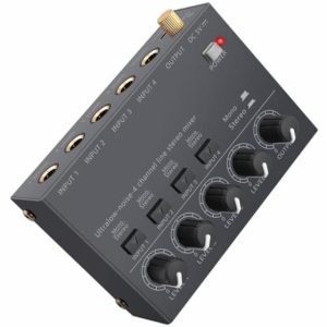 LiNKFOR 4 Channel Audio Mixer Ultra compact Low-noise Stereo Audio Mixer Metal Shell with Separate Volume Adjustment Power Switch for Microphones Guitars Bass Keyboards Stage Mixe