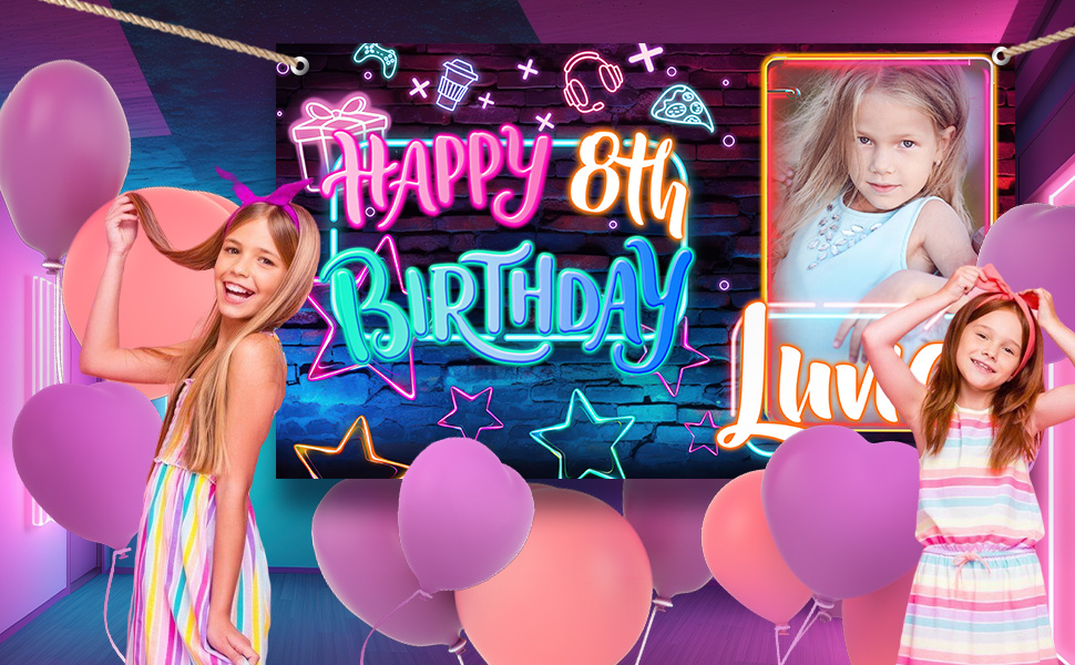 Personalised Birthday Backdrop Background Photo Banner Neon Colour Balloon Blue Pink Fabric Star