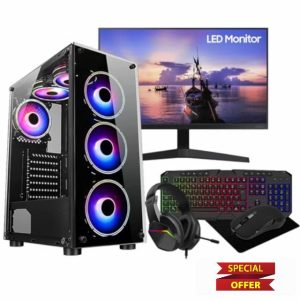 ASC Gaming PC Tower: Intel Core i5 • Nvidia GT1030 2GB • 16GB RAM • 256GB SSD+1TB HDD • 500W 80Plus • WiFi • Windows 10 • Black 6 Fans RGB Case • 22" Monitor Bundle