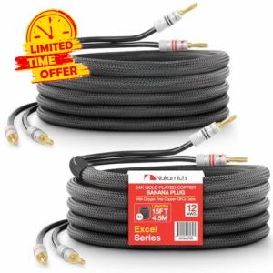 Nakamichi Excel Series 24k Gold Plated Banana Plug with (15 Feet) Speaker Cable Wire 99.9% Oxygen-Free Copper (OFC) Heavy Duty Braided In-Wall CL2 Rated - Black (12AWG / 15ft / 4.5m) 2-Pack