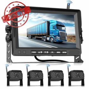 Hodozzy Digital Wireless Reversing Camera Kit Monitor 4 Cameras Split Screen 7 Inch Waterproof Night Vision Front Rear Side View Camera for Trailer Truck Camper 12V-24V-36V Recording Video Playback