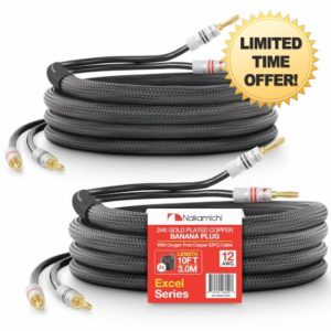 Nakamichi Excel Series 24k Gold Plated Banana Plug with (10 Feet) Speaker Cable Wire 99.9% Oxygen-Free Copper (OFC) Heavy Duty Braided In-Wall CL2 Rated - Black (12AWG / 10ft / 3.0m) 2-Pack