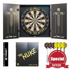 Target Darts Luke Littler Cabinet & Dartboard Set | Player Edition ‘The Nuke’ Dart Board Cupboard Set with 2 Sets of Steel Tip Darts