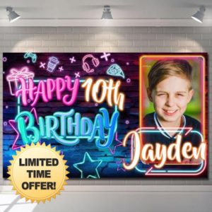Birthday Backdrop Background Photo Banner Personalised Neon Colour Balloon Blue Pink Girl Boy Children Poster Fabric Party Star Decorations