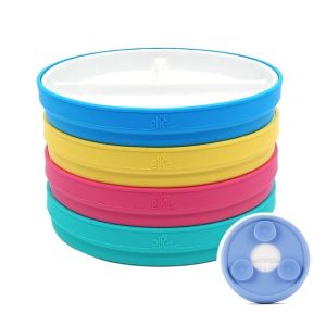 Elk and Friends Kids 6.7” Porcelain White Plates with Silicone Suction Sleeves Sleeves | Divided Plates | Suitable for Babie/Kids/Toddlers | Microwave & Dishwasher Safe | Non Slip | Snack Dishes