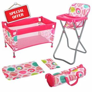 BiBi Doll Baby Doll Travel Cot & Highchair With Feeding Tray - Foldable Dolls' Playsets Baby Doll Bed Baby Doll Accessories Se