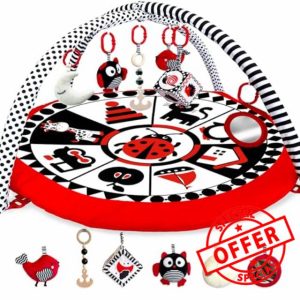 QUOKKA Padded Baby Mat for Floor Tummy Time - High Contrast Baby Kick and Play Mat - 6 Toys | Thick Pad | Machine Washable | Black White Red Colors for Vision Developme