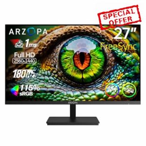 ARZOPA 27" 180HZ Gaming Monitor - 2K QHD 2560x1440 Fast IPS Computer PC Display 115% sRGB Adaptive-Sync 1ms Response