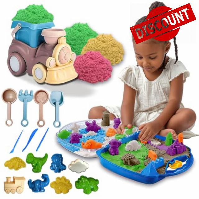 koolbitz Kids Beach Kinetic Sand Toy 22 Pcs Playset with 1Kg Magic Sand & Beach Train Bucket