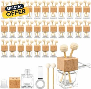 30 Pack 8 ml Car Diffuser Air Freshener Bottle Empty Car Essential Oil Diffuser Auto Glass Perfume Diffuser Bottle with Vent Clip Wooden Caps Stick Fragrance Orname