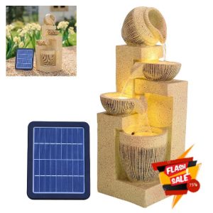 BTGGG Solar Water Feature Outdoor Solar Powered Garden Water Features Solar Water Fountain with Lights Solar Waterfall Decoration for the Garden Outdoor - 4 Tier Cascading Solar Fountain