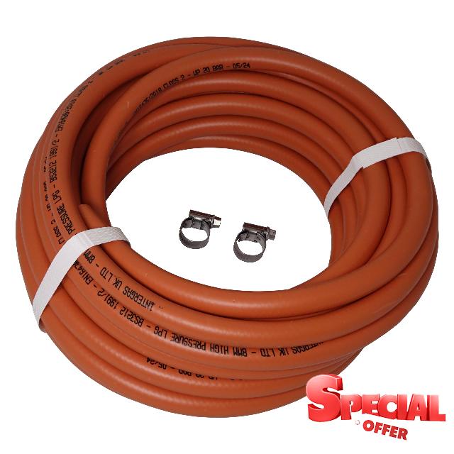 Intergas UK Butane/Propane LPG Gas Hose 8mm Internal bore with 2 Clips (10 Meter)