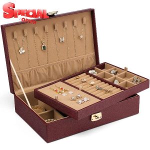 Vlando Jewelry Box 2 Layer Large Jewelry Organizer PU Leather Display Jewellery Holder with Removable Tray for Necklace Earrings Rings Bracelets