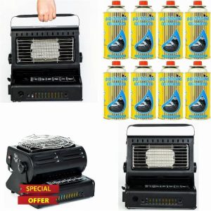 Deejaah® 2 In 1 Camping Heater and Stove with 8 Butane Gas Canisters – Portable Tent Heater With Carry Handle