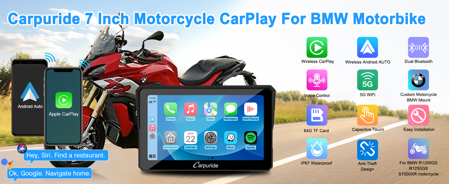 7 inch Portable Wireless CarPlay/Android Auto Motorcycle Car Stereo