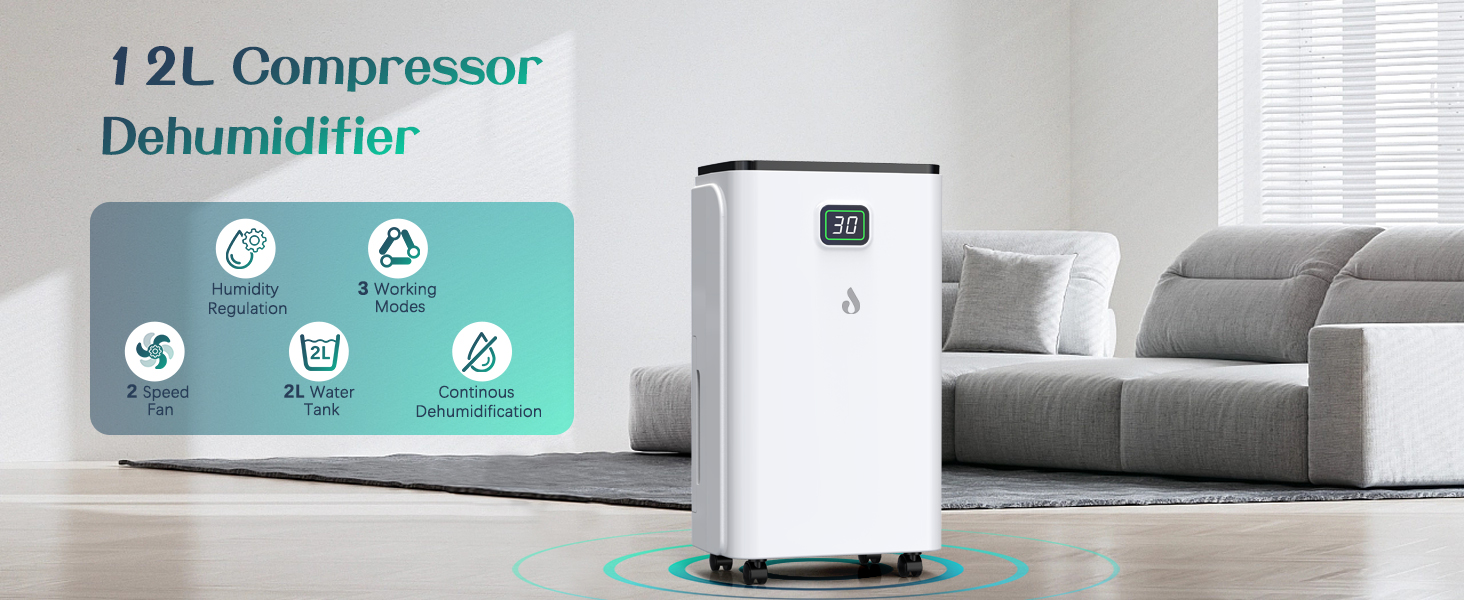 12L dehumidifiers for home with humidity regulation, 3 working modes, 2 speed fan and 2l water tank