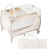 GYMAX 3 in 1 Folding Travel Cot, Portable Baby Bed Playard with Changing Table, 3 Hanging Toys, L...