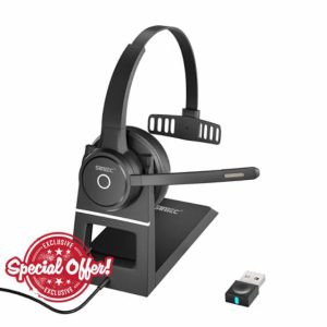 SUNITEC Wireless Headset with Microphone Bluetooth Headphones with Noise Canceling and USB Dongle for Laptop PC Computer Office Headset with Charge Dock for Office