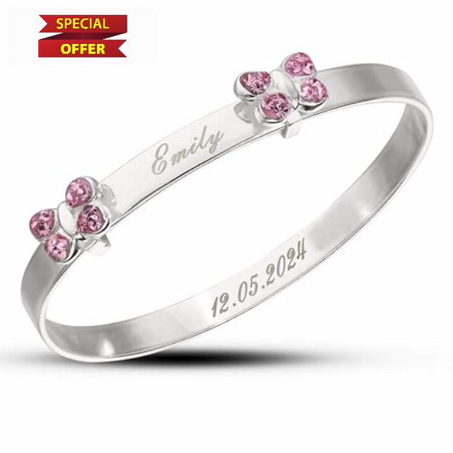 DV DOLCE VALENTINA Personalised Silver Baby Bangle with Butterflies and Pink Zirconia – Custom Name & Date Inside | Perfect for Baptism