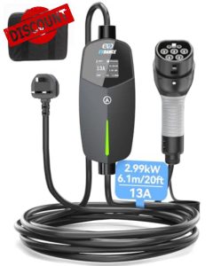 EVDANCE EV Charger Type 2 UK 3 Pin 20ft/6.1m [6/8/10/13A] Portable Electric Car Charger for EV & PHEV