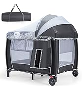 GYMAX 3 in 1 Folding Travel Cot, Portable Baby Bed Playard with Changing Table, 3 Hanging Toys, L...
