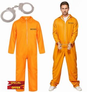 The Fancy Dress Unisex Mens Prisoners Convict Costume With Hand Cuffs - Adults Womens orange prison Overall jumpsuit Halloween Costumes UK