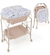 GYMAX Folding Baby Changing Table with Bathtub, Portable Newborn Bath Table and Dresser Unit with...