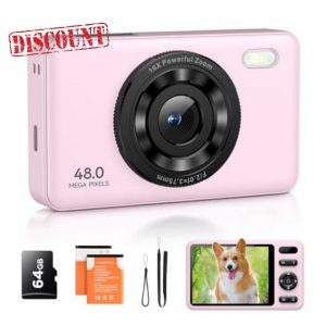 Digital Camera with 64GB Card,FHD 1080P 48MP Kids Camera with 16X Zoom Anti Shake 2 Batteries