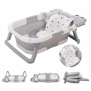 Baby Bathtub Foldable Baby Bath Tub Collapsible Baby Bath Essentials for Newborn with Thermometer Bath Support Cushion Non-Slip Soft Mat Portable Travel for Infant Toddlers 0-36 Months Grey Crocodile