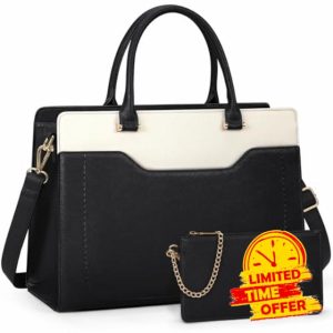 RAINSMORE Laptop Tote Bags for Women 15.6 Inch Designer Ladies Leather laptop handbags Waterproof Briefcase with Clutch Bag for Work School Business Black+White