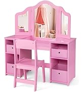 COSTWAY Kids Vanity Table with Mirror & Stool, 2 in 1 Girls Makeup Dressing Table, Wooden Childre...