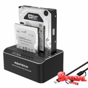 RSHTECH Hard Drive Docking Station Aluminum USB-C/USB 3.0 to SATA Dual Bay Hard Drive Dock for 2.5 or 3.5 inch HDD SSD