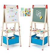 COSTWAY 3-in-1 Wooden Kids Art Easel with Paper Roller, Adjustable Height Double Board Chalkboard...