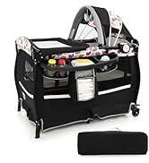 GYMAX 4 in 1 Folding Travel Cot, Portable Baby Bed Playard with Adjustable Canopy, Changing Table...