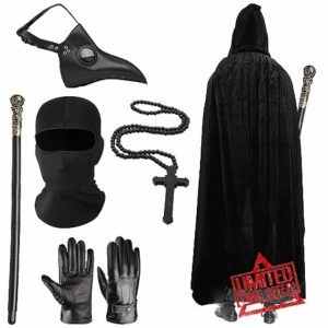 Maazusa Plague Doctor Costume Men's Plague Doctor Outfits Plague Doctor Mask Sets with Black Hooded Cape/Shawl for Halloween World Reading Day Cosplay