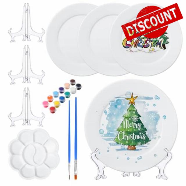 Affrolling Paint Your Own Porcelain Plates Ceramic Painting Kit Included 2 Pcs Porcelain Plates 2 Pcs Paint Brushes 12 Paints 2 Stands Paint and 1 Pcs Color Palette