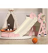 4 in 1 Kids Slide Indoor Outdoor Slide, Toddler Slide with Basketball Hoop & Ring Toss, Foldable ...