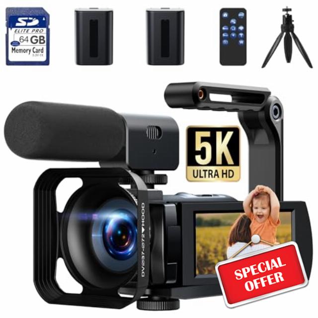 HOTPEAK Camcorder Video Camera 5K 56MP WIFI YouTube Vlogging Camera 3” 270° Rotatable Touchscreen Podcast Camera Recorder with 64G SD Card