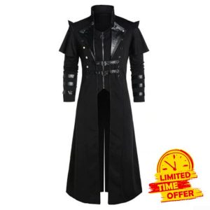 Oniissy Men's Steampunk Tailcoat Jacket Victorian Gothic Assassin Elf Pirate Costume Coat(L Black)