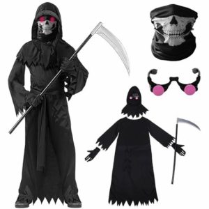 Maazusa Rim Reaper Costume Kids 6 Pcs Grim Reaper Scary Cosplay Death Eater Costume Horror Hooded Robe for Halloween Scary Fancy Dress Party