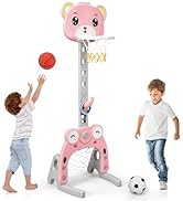 GYMAX 3-IN-1 Kids Basketball Stand, Basketball Hoop Set with Soccer and Golf Play, Height Adjusta...