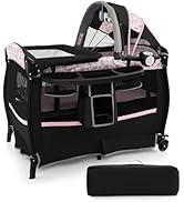 GYMAX 4 in 1 Folding Travel Cot, Portable Baby Bed Playard with Adjustable Canopy, Changing Table...