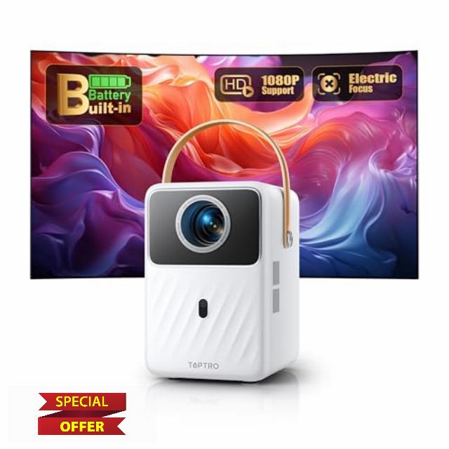 Portable Projector【Built-In Rechargeable Battery & Andriod TV】TOPTRO Mini Outdoor Projector with Electric Focus Auto Keystone