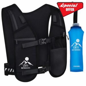 Lati Outdoors Running Vest - Waterproof Phone Holder and 500ml Soft Water Bottle - Black Adjustable Hydration Vest for Men and Women - Reflective Running Backpack Alternative