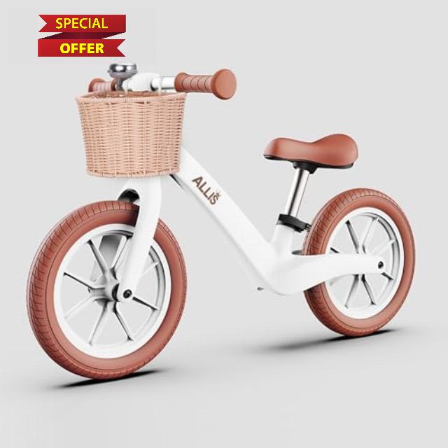 Allis Baby LUMI Balance Bike with Basket and Bell - Training Bike for Toddlers with Adjustable Seat & Handlebars - Sturdy Design Featuring Puncture Proof Tires and Rust Resistant Frame - White