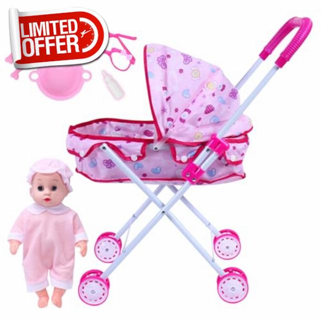 Hperu Doll Stroller Set Iron Portable Baby Doll Stroller with 10" Sound Doll Realistic Doll Stroller Set Includes Doll for Pretend Play Role Play