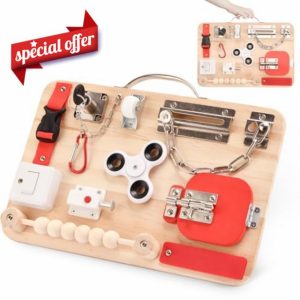 Potatomato Montessori Busy Board for Toddlers - Wooden Sensory Educational Fidget Toys - Activity Board for Kids Baby Boys Girls 1 2 3 4 + year old